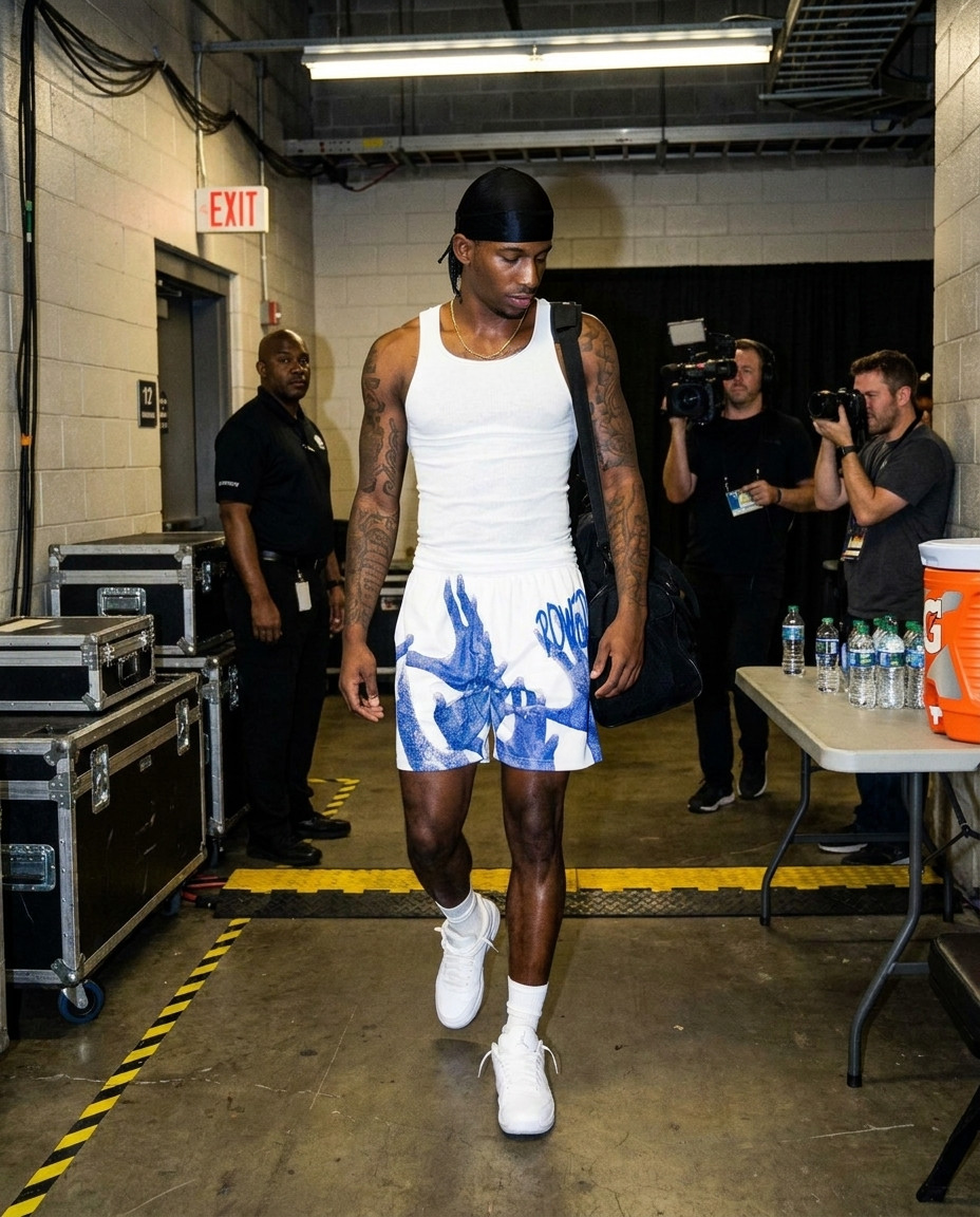 Power Handz shorts, white, worn in the arena tunnel